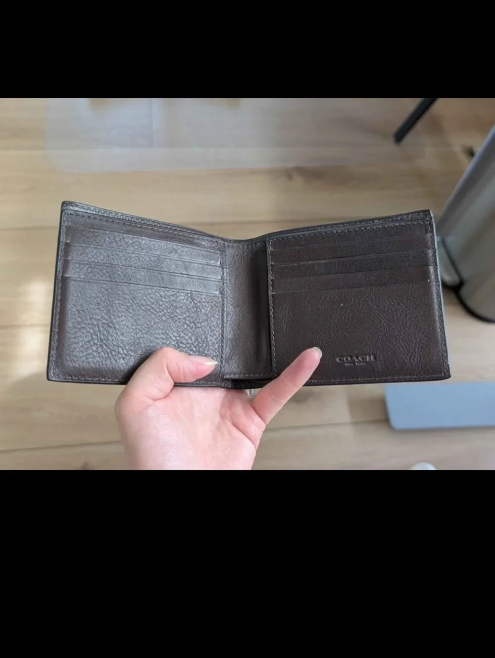 COACH Dark Brown Pebbled Leather Bi-Fold Wallet